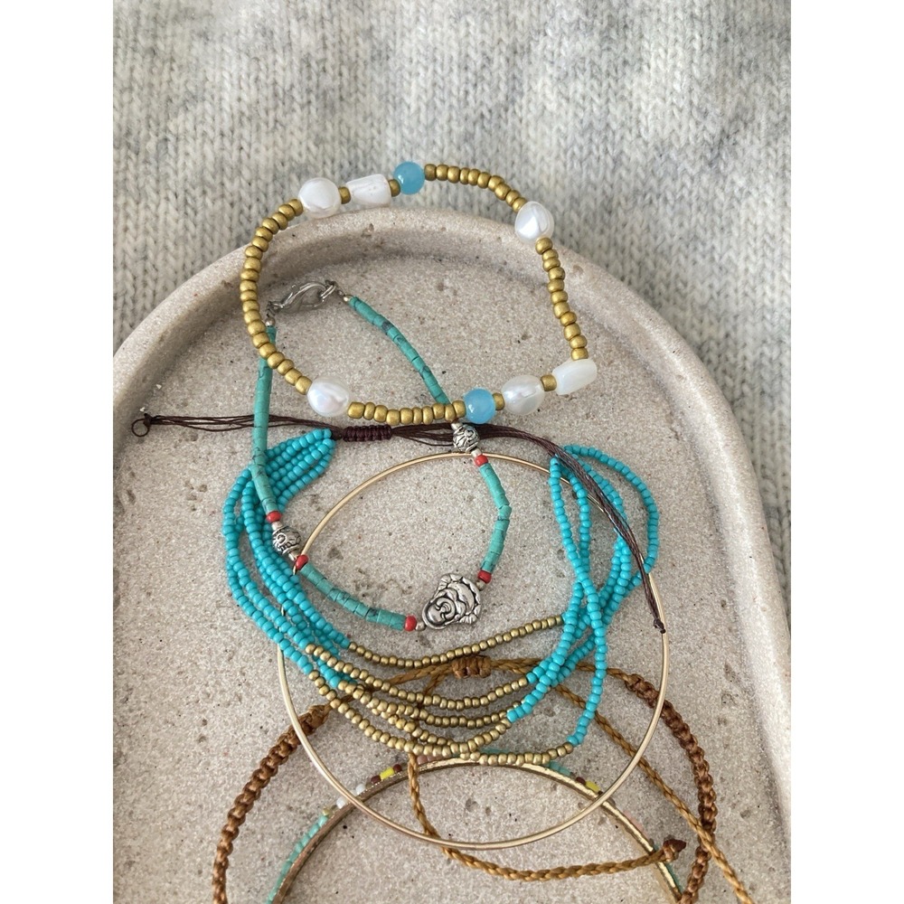 Mixed Bohemian Bracelets Set Of 5 Teal Blue Beaded Bangle Cord Stacking Layering - Picture 4 of 7
